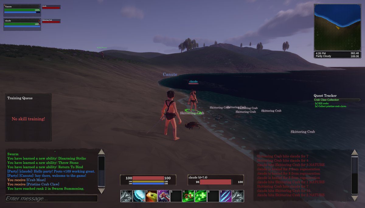 Two players on a beach hunting crabs in Shattered Lands — party chat, quest tracker, and minimap visible