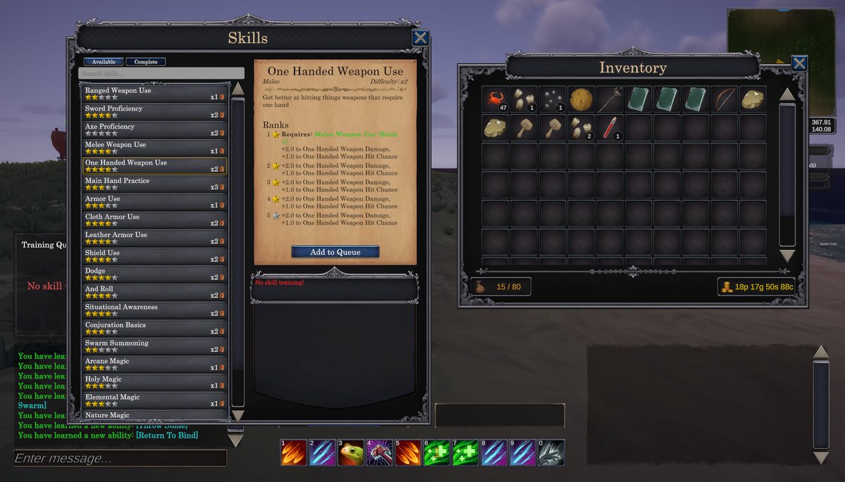 Skills window and inventory in Shattered Lands — showing skill training ranks, weapon proficiencies, and inventory with gear