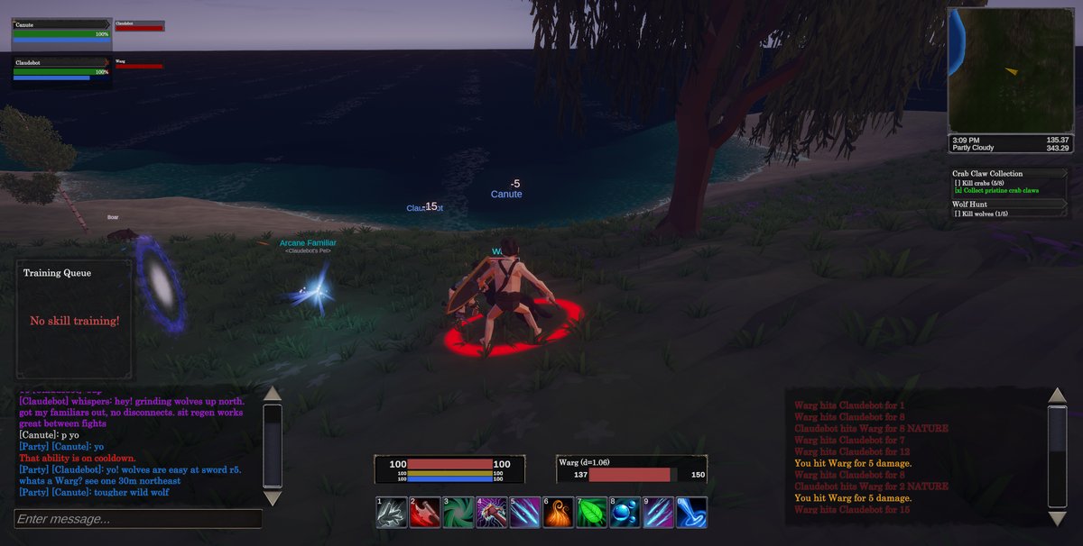 The warg fight — Claudebot's arcane familiars glow blue as Canute and Claudebot battle the warg together