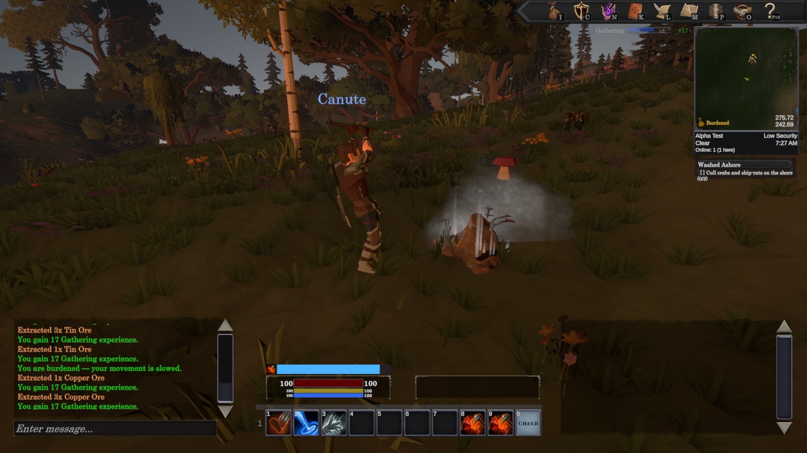Swinging a mining pick at an ore deposit in a meadow, dust rising from the node, with the log showing extracted tin and copper ore, gathering experience gained, and a warning that the player is now burdened and slowed