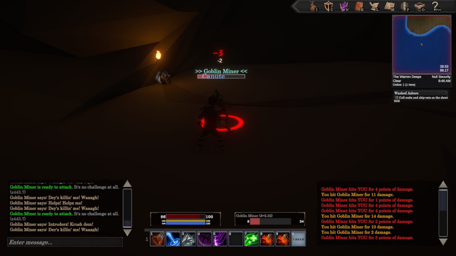 Fighting a Goblin Miner in a torchlit Warren Deeps tunnel, with the chat log filling up as it shouts "Dey'z killin' me! Waaagh!" and "Helpz! Helpz me!" to call the rest of the warren, and another goblin visible further up the passage