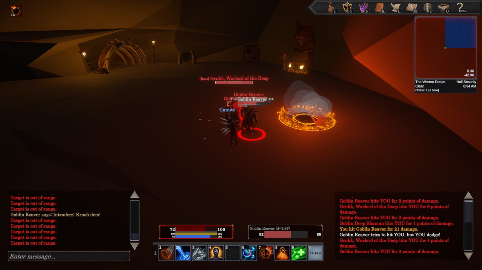 Fighting Grukk, Warlord of the Deep, alongside a Goblin Reaver in the Warren Deeps, with a large glowing ring of fire telegraphed on the ground beside the player marking where the incoming attack will land