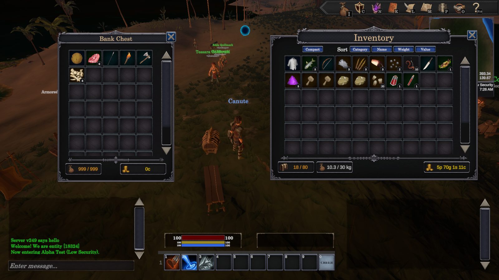 The bank chest open alongside the inventory window, showing Compact and Sort controls, colour-coded item slots, a 18/80 slot count and a 10.3/30 kg carry weight readout