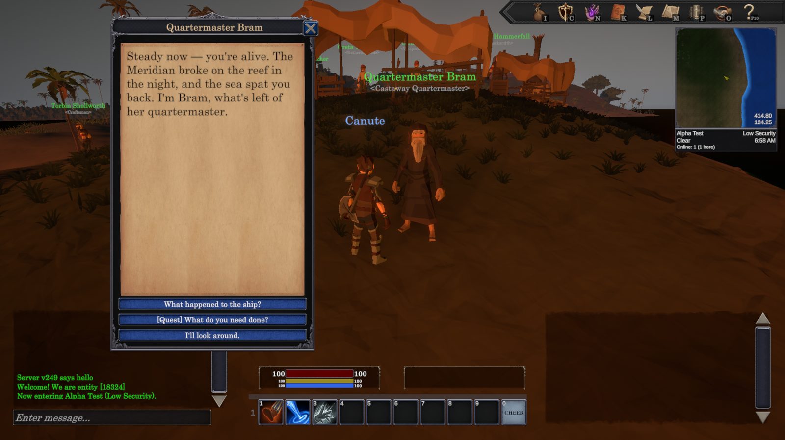 Quartermaster Bram's opening dialogue on the starter beach: he explains that the Meridian broke on the reef in the night, with dialogue options to ask about the ship, take a quest, or look around