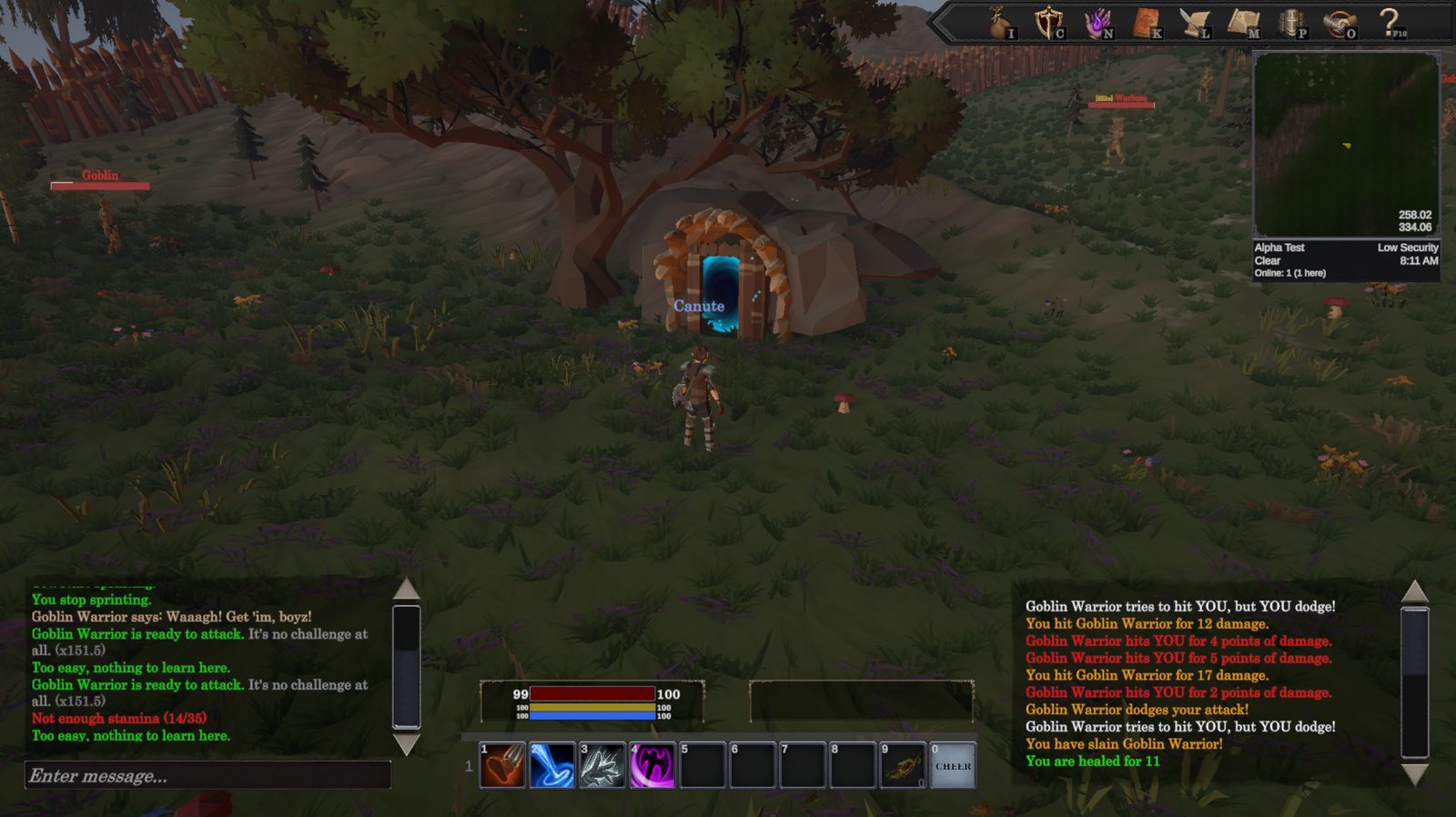 The Warren Deeps mine entrance set into a hillside, its archway filled with a glowing blue vortex, with a goblin palisade on the ridge above and a goblin patrolling nearby