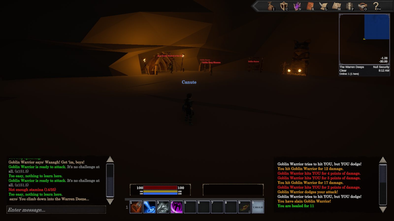 Arriving inside the Warren Deeps: a dark torchlit cavern with goblin structures ahead and the nameplates of a Goblin Deep Shaman, a Goblin Reaver, and Grukk visible in the gloom