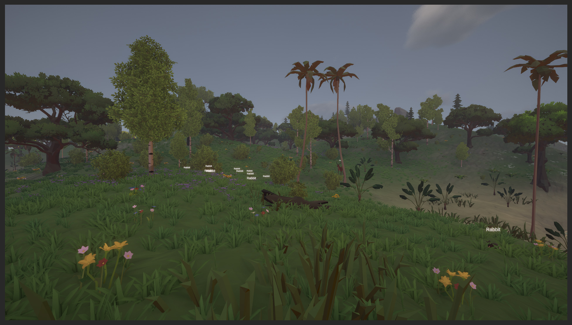 Wildflower meadow stretching toward palm trees and dense forest — a rabbit grazes in the distance