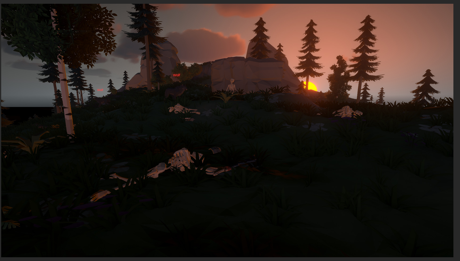 Goblin bones and weapons scattered among boulders at sunset — pine trees silhouetted against an orange sky