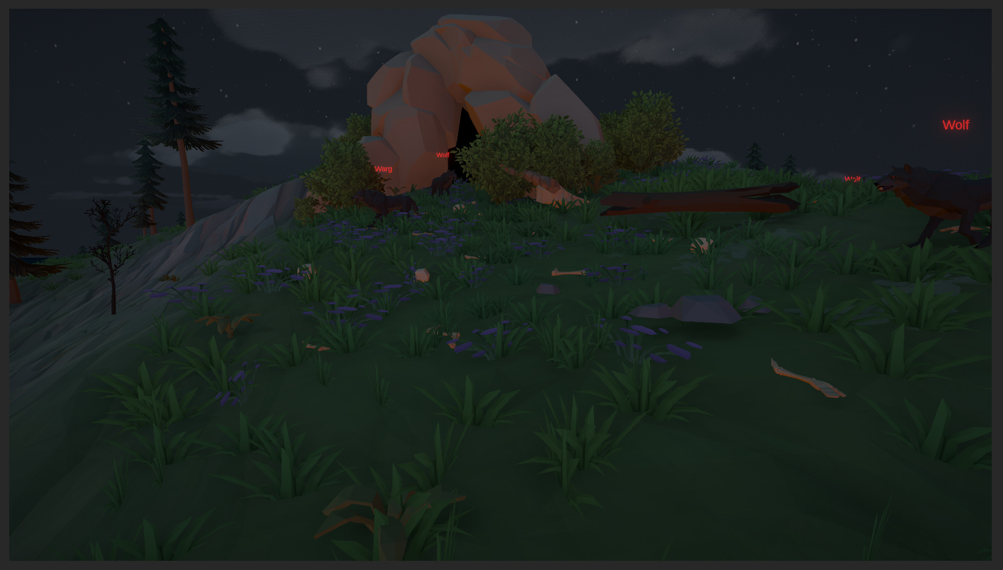 Cave entrance at night with red glow inside — a wolf watches from the hillside, bones scattered on the approach