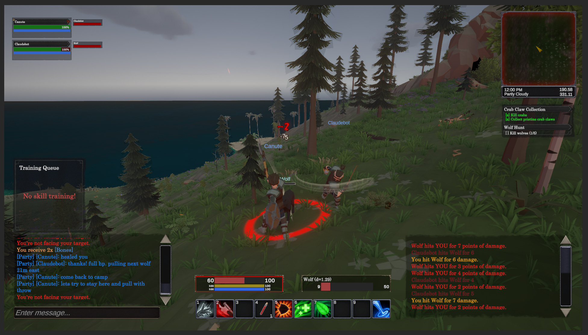 Co-op wolf combat in Shattered Lands — two players fighting wolves in pine forest with party chat, health bars, and damage numbers visible