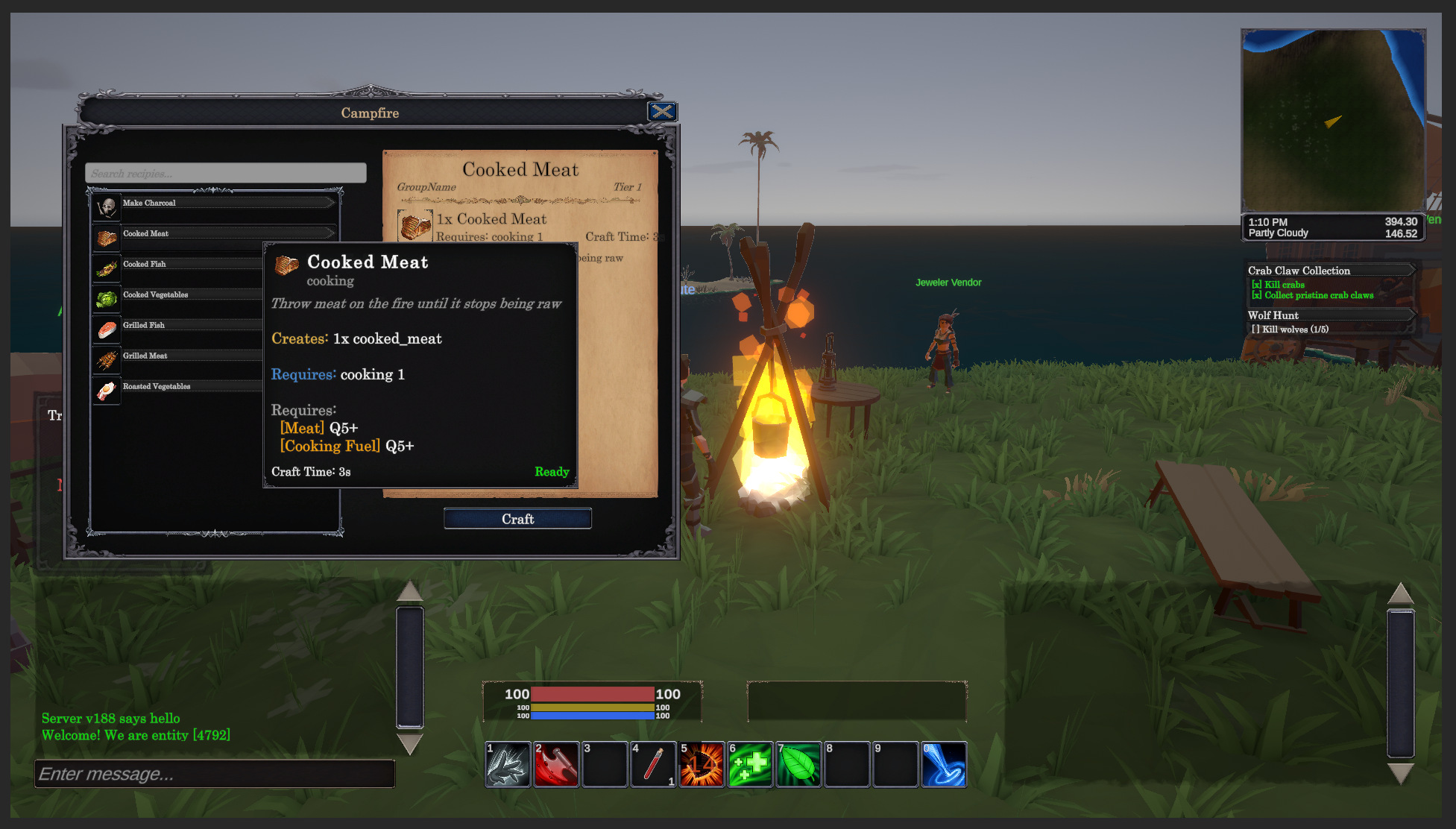 Crafting window open at a campfire in Shattered Lands — recipe list, ingredient tags, and quality stats visible