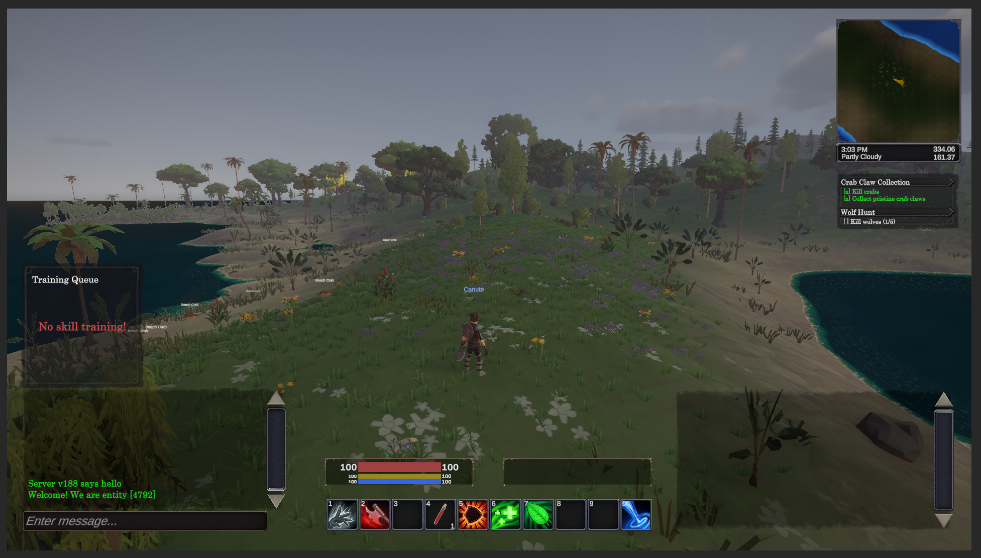 Island exploration in Shattered Lands — wildflower meadow with crabs, trees, and coastline stretching into the distance