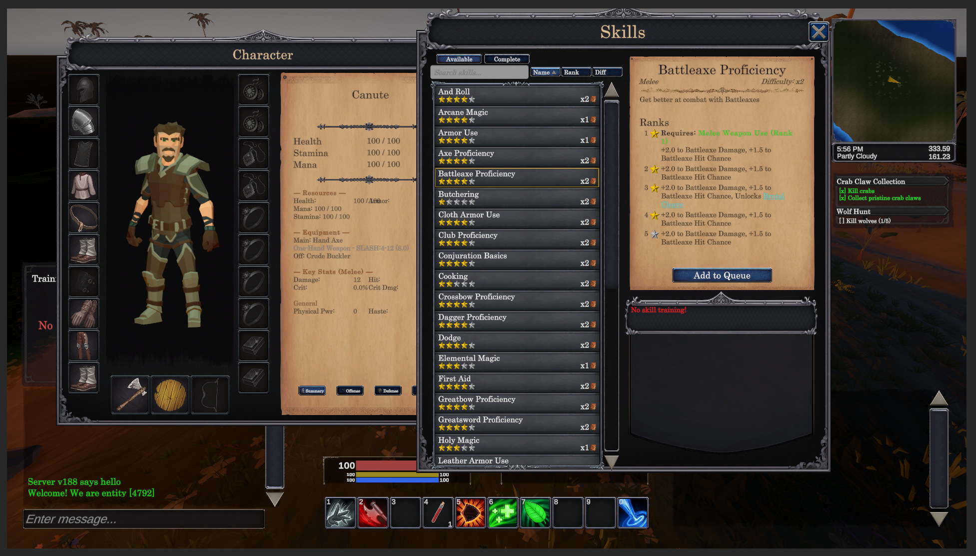 Character sheet and skill training window in Shattered Lands — showing stats, equipment, and skill ranks with difficulty ratings