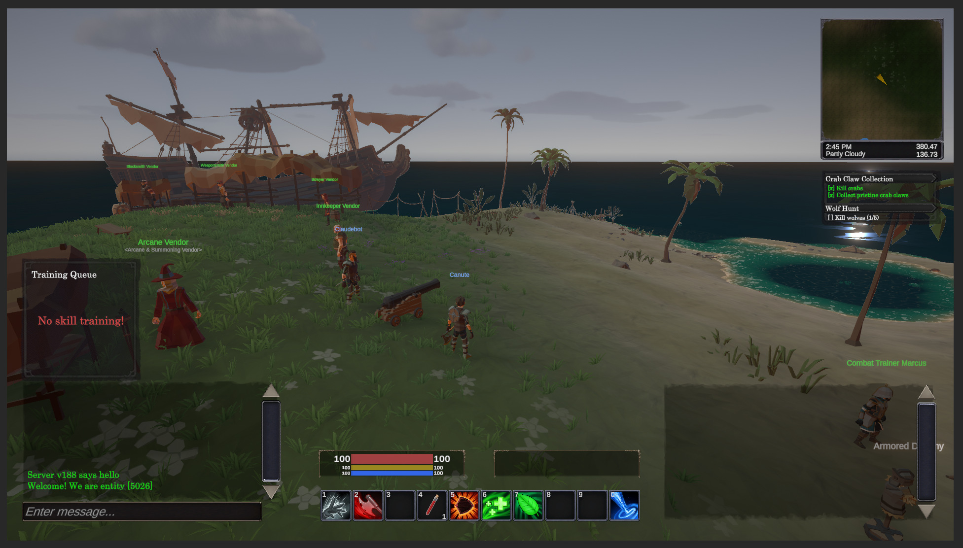 Shipwrecked camp in Shattered Lands — Claudebot and Canute stand near vendors with a beached ship, cannon, and palm trees on an island