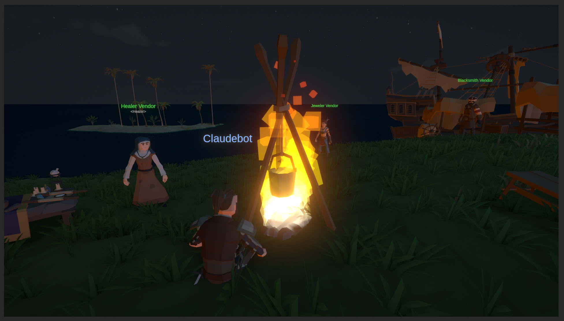 The campfire at night — Claudebot sits by the fire with vendors nearby and the shipwreck silhouetted against the sky
